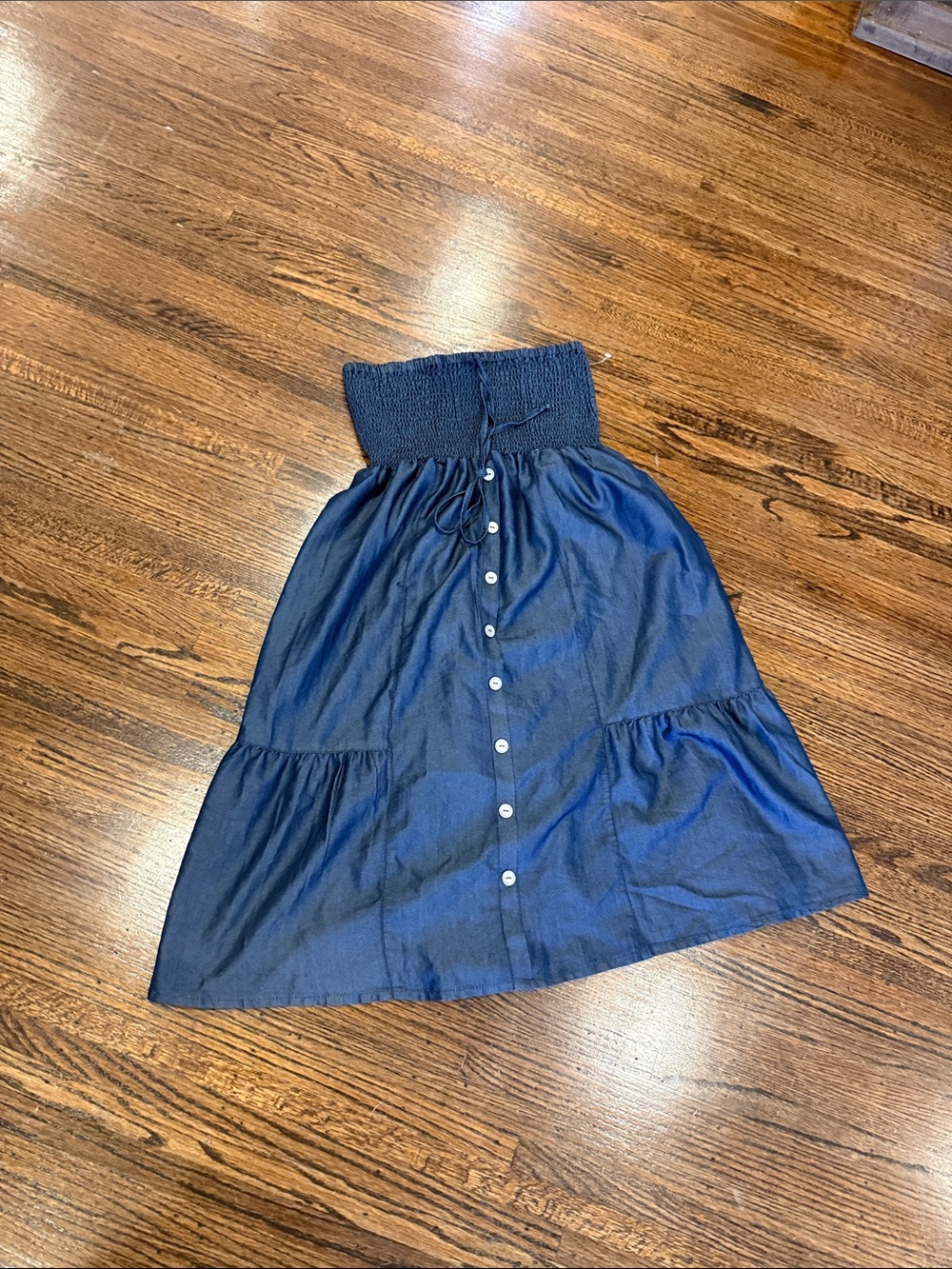 Smocked Waist Navy Button-Front Midi Skirt